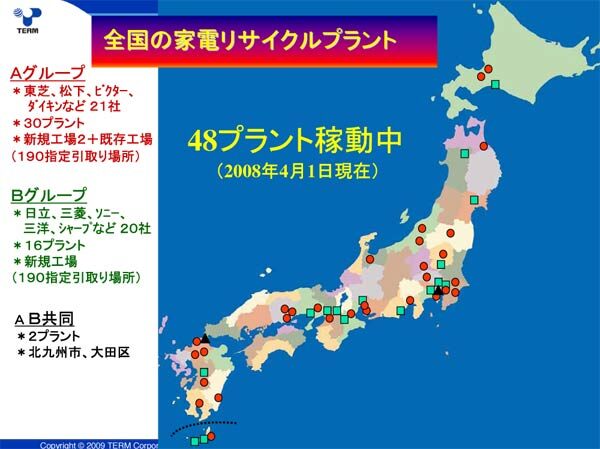 全国の家電リサイクルプラント